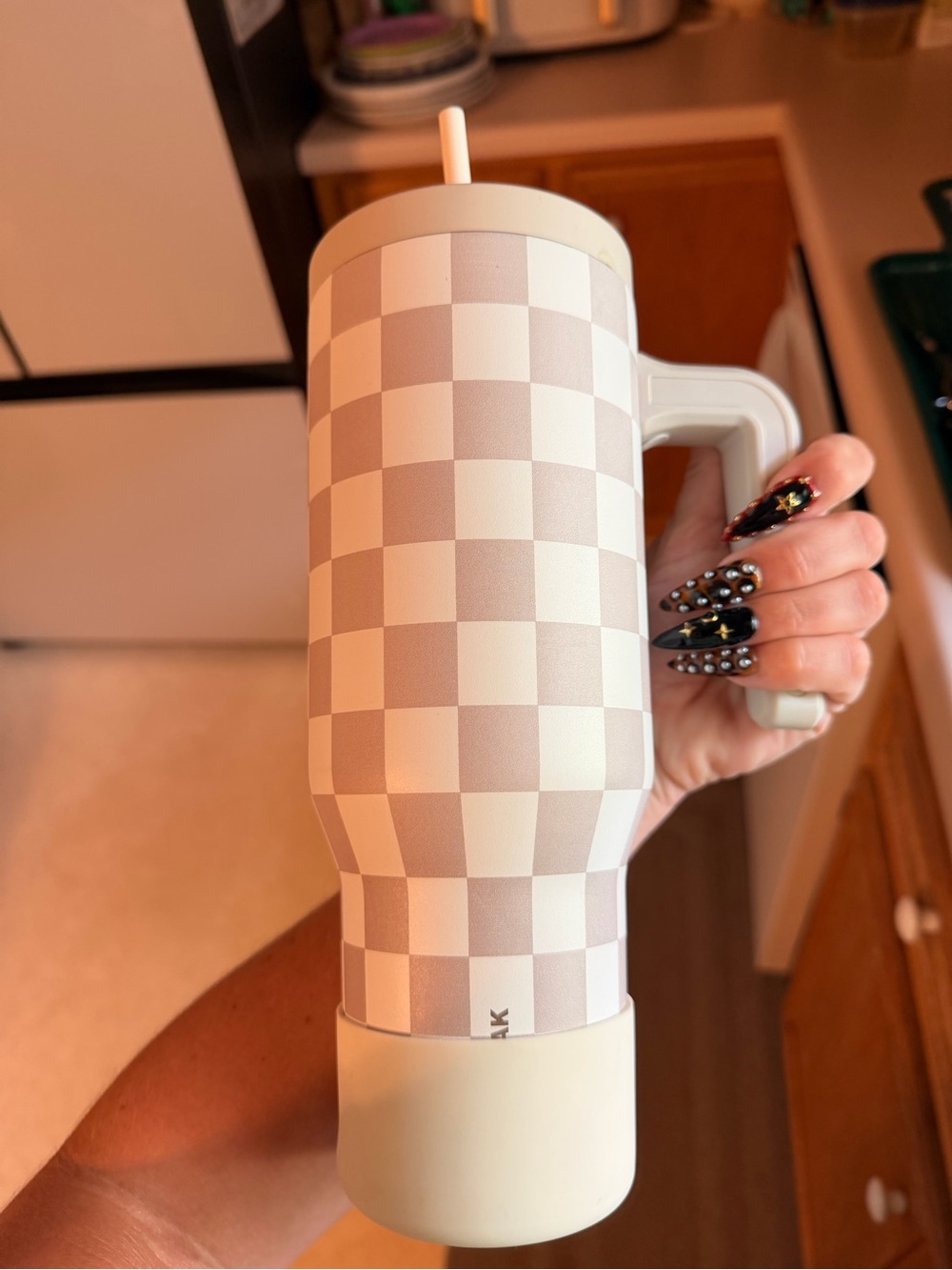 Cream Checkered Insulated Travel Tumbler with Handle - Neutral Cream